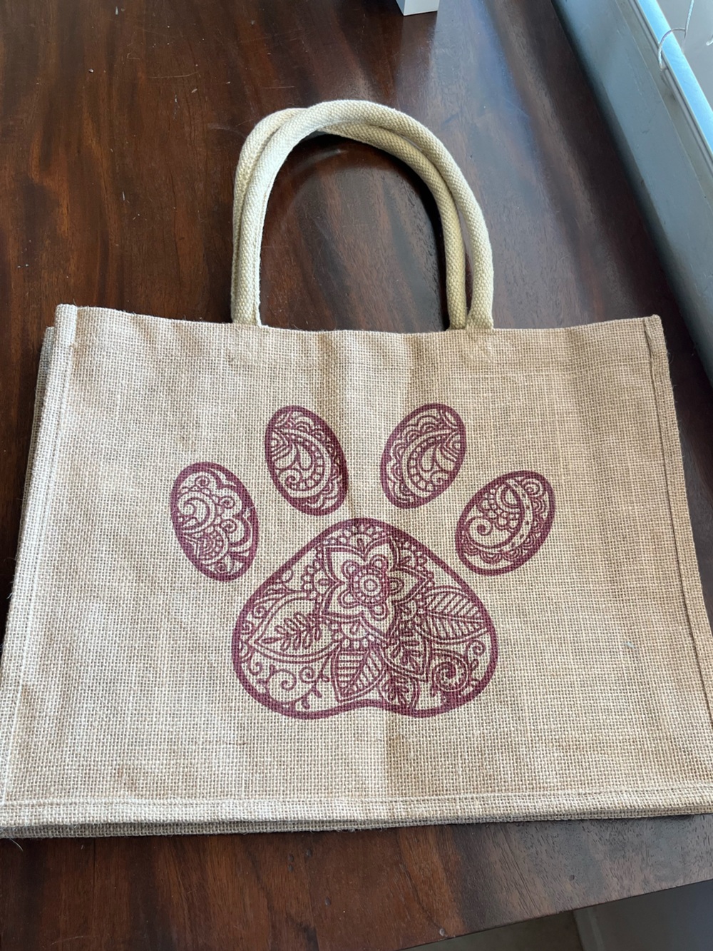 Source Unknown Natural Jute Tote with Maroon Paisley Paw Graphic